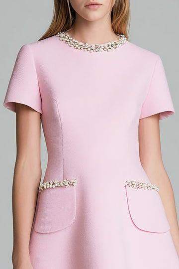 Pink A Line Beaded Mini Work Dress